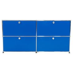 four blue drawers with chrome handles on each side