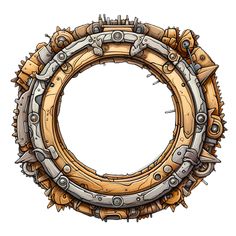 a circular wooden frame with metal rivets and screws in the shape of a circle