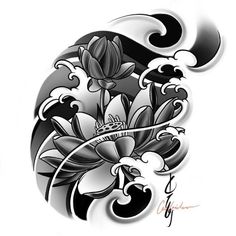 a black and white tattoo design with flowers