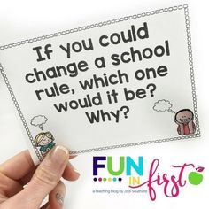 someone is holding up a sticker that says if you could change a school rules, which one would it be why?