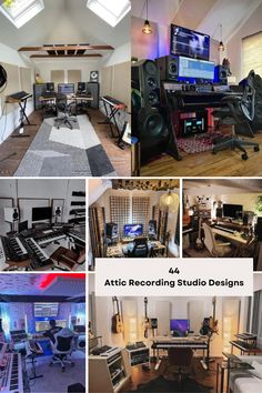 various recording studio designs are shown in this collage with multiple pictures and text that reads, attic recording studio designs