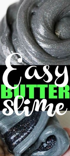 the words easy butter slime are displayed in front of an image of a hand holding a