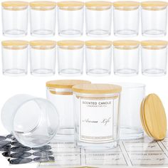 many clear glass jars with wooden lids are shown