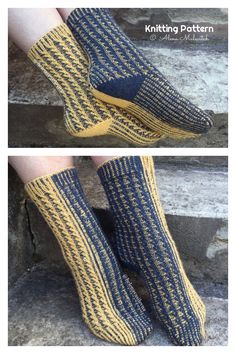 two pictures of socks that have been knitted in different colors and patterns, one is yellow and the other is blue