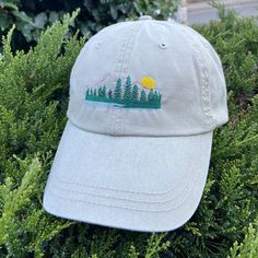 Mountain Peak Forest Trees Hat Custom Embroidered on Beige Baseball Caps for Men, Vintage Ponytail Distressed Hats for Women, Personalized Granola Girl Gifts for Her, Summer Hiking Apparel Unisex - CUSTOM TEXT available on the front of cap (underneath embroidered image) and/or on the back of cap (above strap opening). - Choose a thread color for your custom wording & write into the Personalization Box. Default: white / black depending on the cap color.  - Your wording will be embroidered accordi Vintage Ponytail, Mountain Hat, Wash Baseball Cap, Caps For Men, Distressed Hat, Hats Women, Hat Types, Hat Custom, Mountain Peak