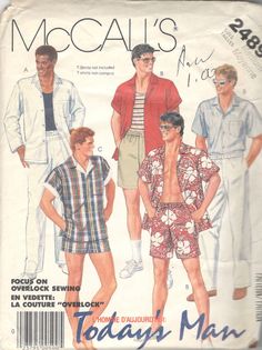 McCall's 2489; Mens Shirt, Pants, Shorts ow Swimsuit:  Front buttoned shirts have notched collar, patch pocket and side vents. Shirt A has long tapered sleeves. Shirt B has short sleeves with facings and maybe worn turned up. Short sleeve shirt C is lined with terry and sleeves maybe worn turned up. Pants with tapered legs, shorts or shorter length swimsuit have fly front zipper or self gripping fasteners and two rows of elastic in waistband casings. Pants or shorts have side seam pockets. Swimsuit with inside pocket or shorts have optional liner with elastic in leg casings. All garments have machine stitched hems and top stitch trim.  Copyright: 1986 - Today's Man Size: Extra Large Chest: 46 - 48 Waist:42 - 44 Hips:  47 - 49 This pattern is uncut and factory folded.    The envelope has ta Sewing Pattern Pieces, Shirt Sewing Pattern, Pants Sewing Pattern, Beach Wear Men, Clothes Sewing Patterns, Sewing Pattern Sizes, Summer Outfits Men, Sims 4 Cc, Mens Shirt