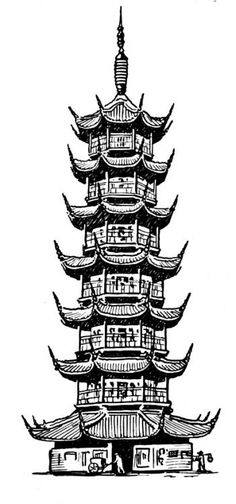 Large Pagoda Japanese Architecture Tattoo, Chinese Tower Tattoo, Pagoda And Dragon Tattoo, Chinese Buildings Drawing, Pagoda Tattoo Stencil, Pagoda Back Tattoo, Pagoda Temple Tattoo, Japanese Architecture Drawings, Chinese Pagoda Illustration