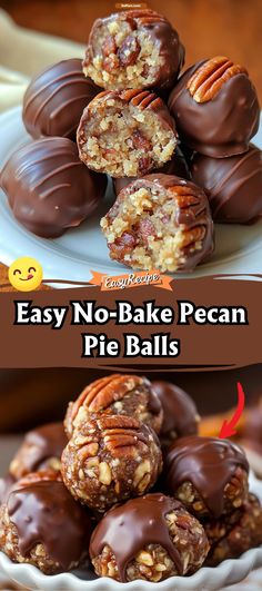 no bake pecan pie balls are stacked on a white plate and ready to be eaten