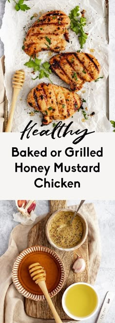 grilled honey mustard chicken marinade on parchment paper with text overlay that reads 4 ingredient honey mustard chicken marinade