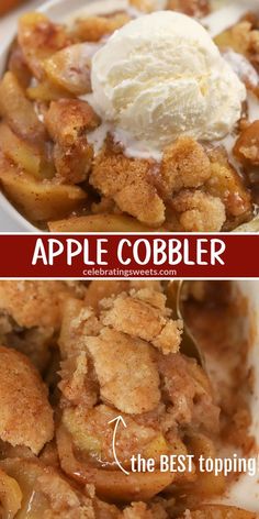 an apple cobbler with ice cream on top is shown in two different pictures, and the same one has apples