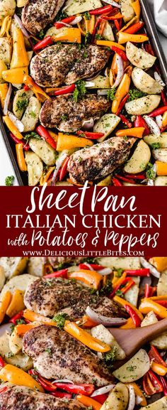 sheet pan italian chicken and veggies with text overlay that reads sheet pan italian chicken and veggies