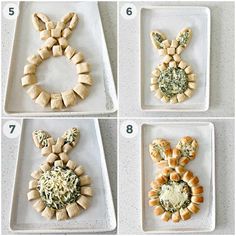 four pictures showing how to make bunny shaped pretzels with cheese and spinach