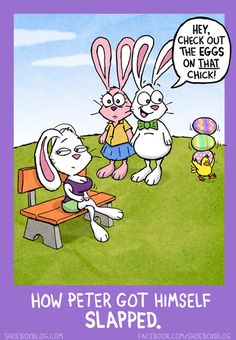 an easter card with two rabbits sitting on a bench and another bunny standing next to it