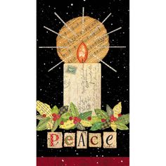 a banner with a lit candle and the word peace on it