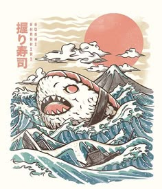 an image of a cartoon character in the ocean with waves and mountains behind it, as if