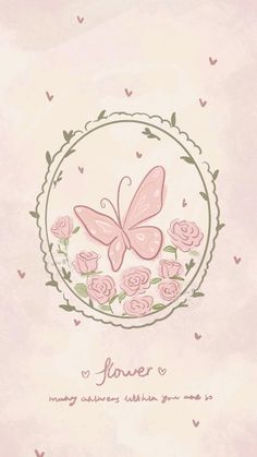 a card with pink roses and a butterfly in the center on a light pink background