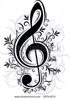 a black and white music note with swirls