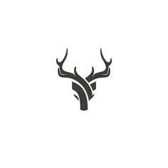 an antelope's head with horns is shown in this black and white logo