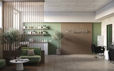 an empty salon with green chairs and plants in vases on the wall next to it