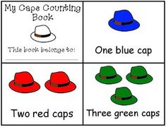 four different hats with the words, my caps counting book one blue cap two red caps three green caps