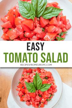 easy tomato salad with basil on top and the title overlay reads easy tomato salad