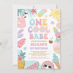 a birthday party card with pineapples, watermelon and flamingos on it