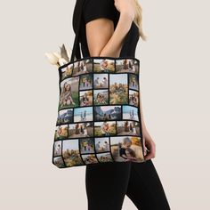 a woman carrying a large bag with photos on it and flowers in the bottom right corner