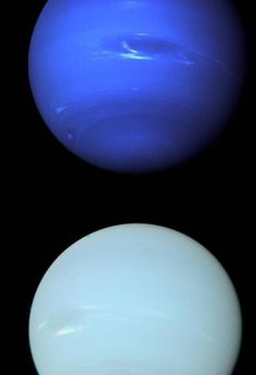 two blue and white planets are shown in this image, one is larger than the other