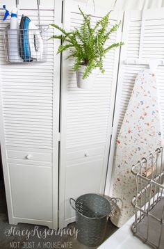 there is a plant that is hanging on the wall next to some closet doors and a trash can