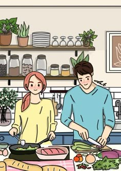 a man and woman are preparing food in the kitchen with plants on the shelves behind them