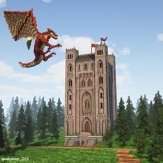 an image of a dragon flying in the sky over a castle with trees and bushes