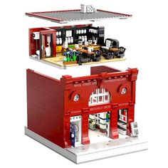 a lego fire station is shown in red and white