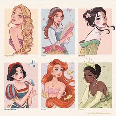 four disney princesses with different hair styles