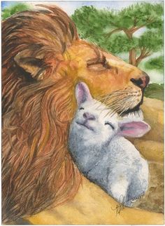 a drawing of a lion holding a baby lamb