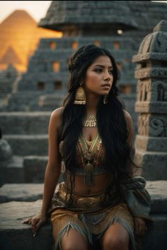 a woman sitting on some steps in front of a stone structure with an elaborate necklace and earrings