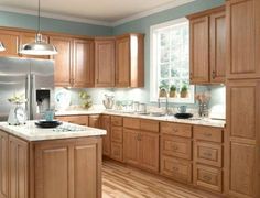 Furniture , Durable Oak Kitchen Cabinets : Honey  Oak Kitchen Cabinets With Marble Countertop And Silver Refrigerator Light Oak Cabinets, Honey Oak Cabinets, Painting Oak Cabinets, Oak Kitchen Cabinets, Kitchen Wall Colors, Kitchen Paint Colors, New Kitchen Cabinets, Oak Kitchen, Oak Cabinets