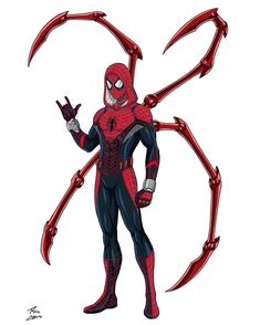 a drawing of a spider man in red and black suit with claws on his hands