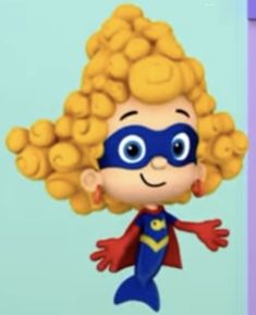 a cartoon character with blonde hair wearing a blue cape