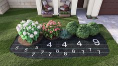 a lawn with flowers and numbers on it