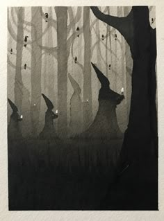 a black and white drawing of some animals in the woods