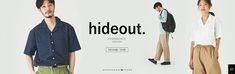 a man standing next to another man in front of a white background with the words hideout on it