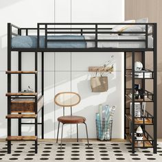 a loft bed with a desk and chair in the corner, next to a book shelf