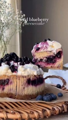 two blueberry cheesecakes on a wicker tray