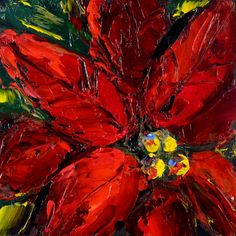 a painting of a red flower on a green background