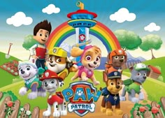 the cartoon paw patrol is in front of a rainbow