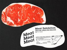 two pieces of meat are on display in front of a black background with the words meat meat meat meat