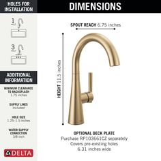 the delta pull out kitchen faucet is shown with measurements for it's width