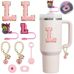 pink and gold accessories including a coffee cup, keychain, clip, clips, and magnets