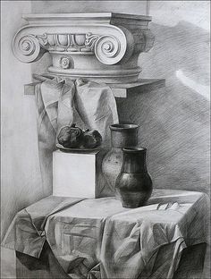 a pencil drawing of a vase and fruit on a table with a curtain in the background