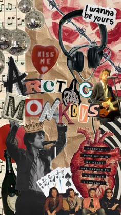 collage of various images with words and pictures on them, including an image of a woman wearing headphones